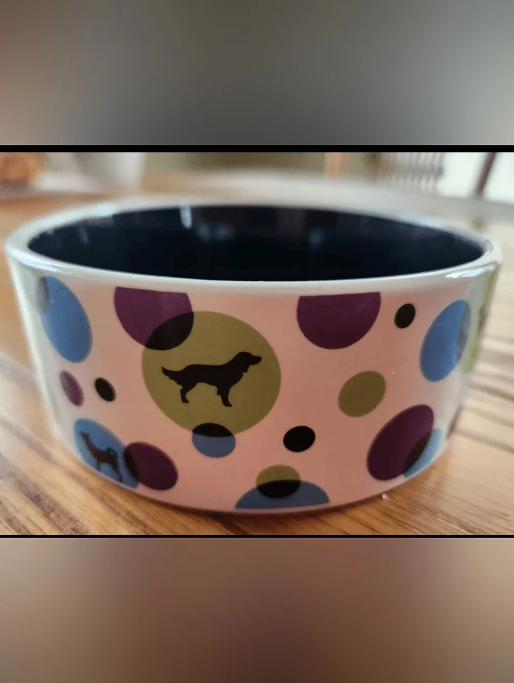 Dog Silhouette Ceramic Pet Bowl in White with Purple & Blue Dots - Vintage